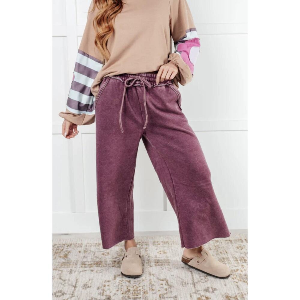 Zenana Sweatpants Womens Large Purple Fleece Crop Wide Leg Ruffle Waist Lounge
